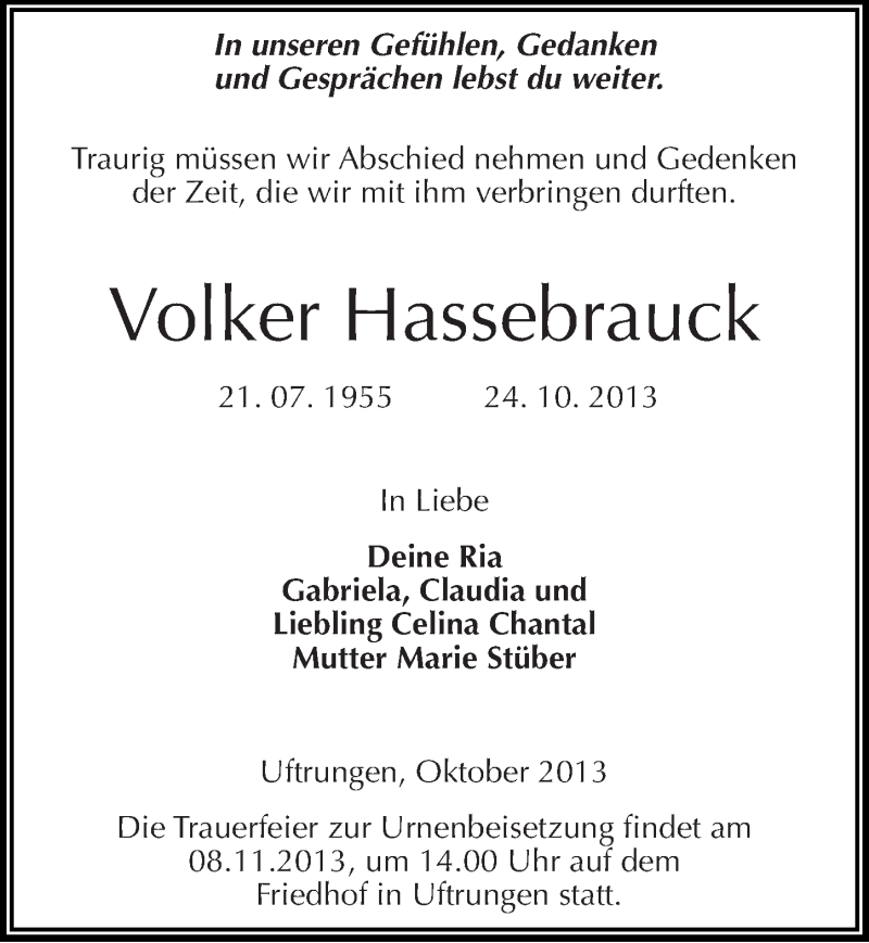  Traueranzeige für Volker Hassebrauck vom 07.11.2013 aus Mitteldeutsche Zeitung